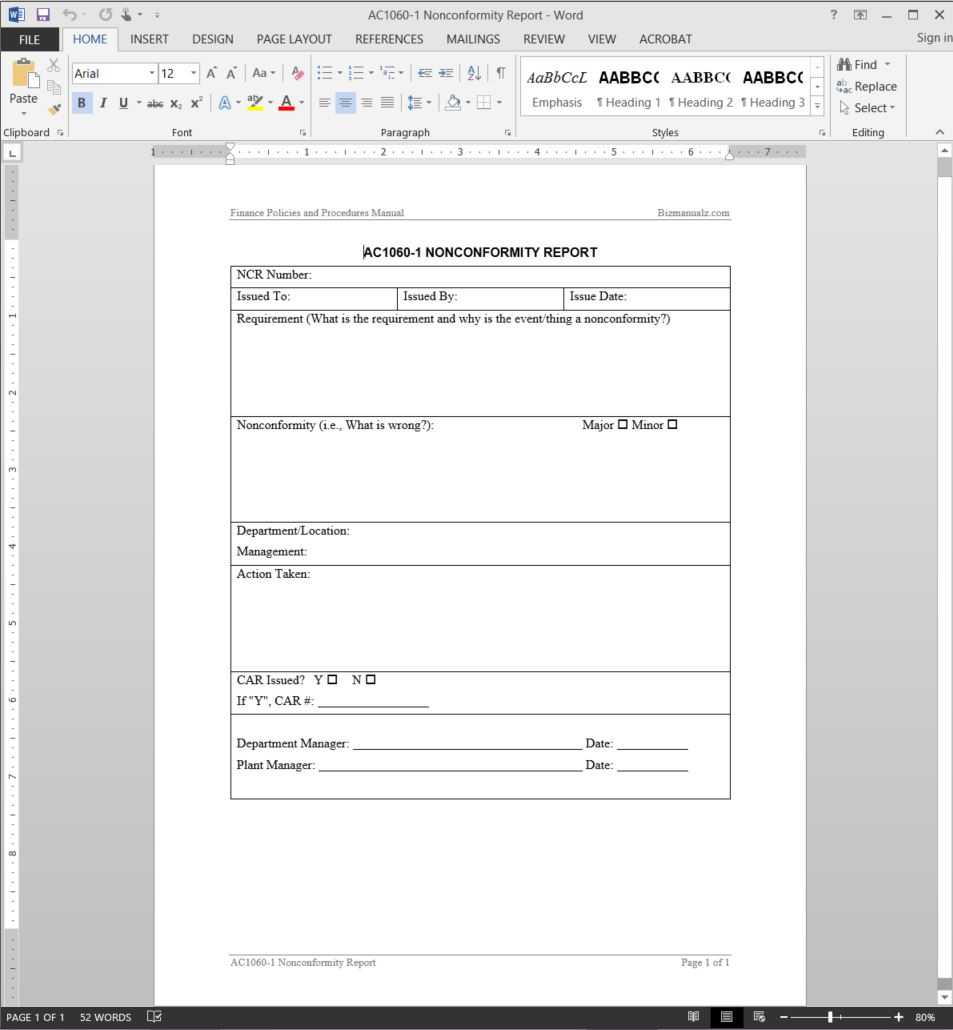 Financial Nonconformity Report Template | Ac1060 1 With Quality Non Conformance Report Template