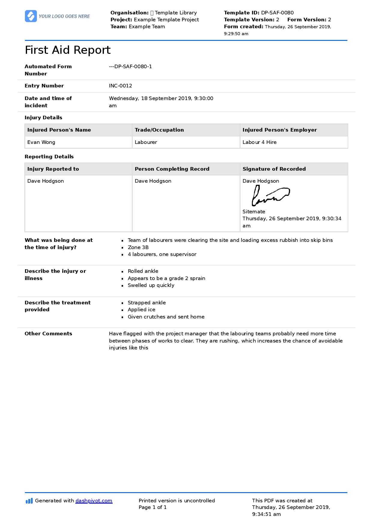 First Aid Report Form Template (Free To Use, Better Than Pdf) In First Aid Incident Report Form Template