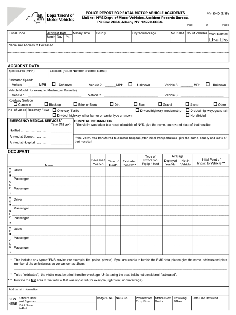 Form Mv 104D – Police Report For Fatal Motor Vehicle Throughout Vehicle Accident Report Form Template