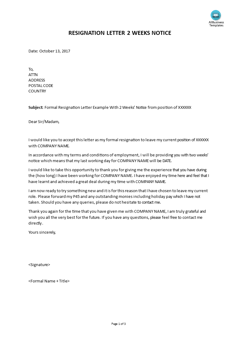 Formal Resignation Letter With 2 Weeks Notice | Templates At Intended For Two Week Notice Template Word