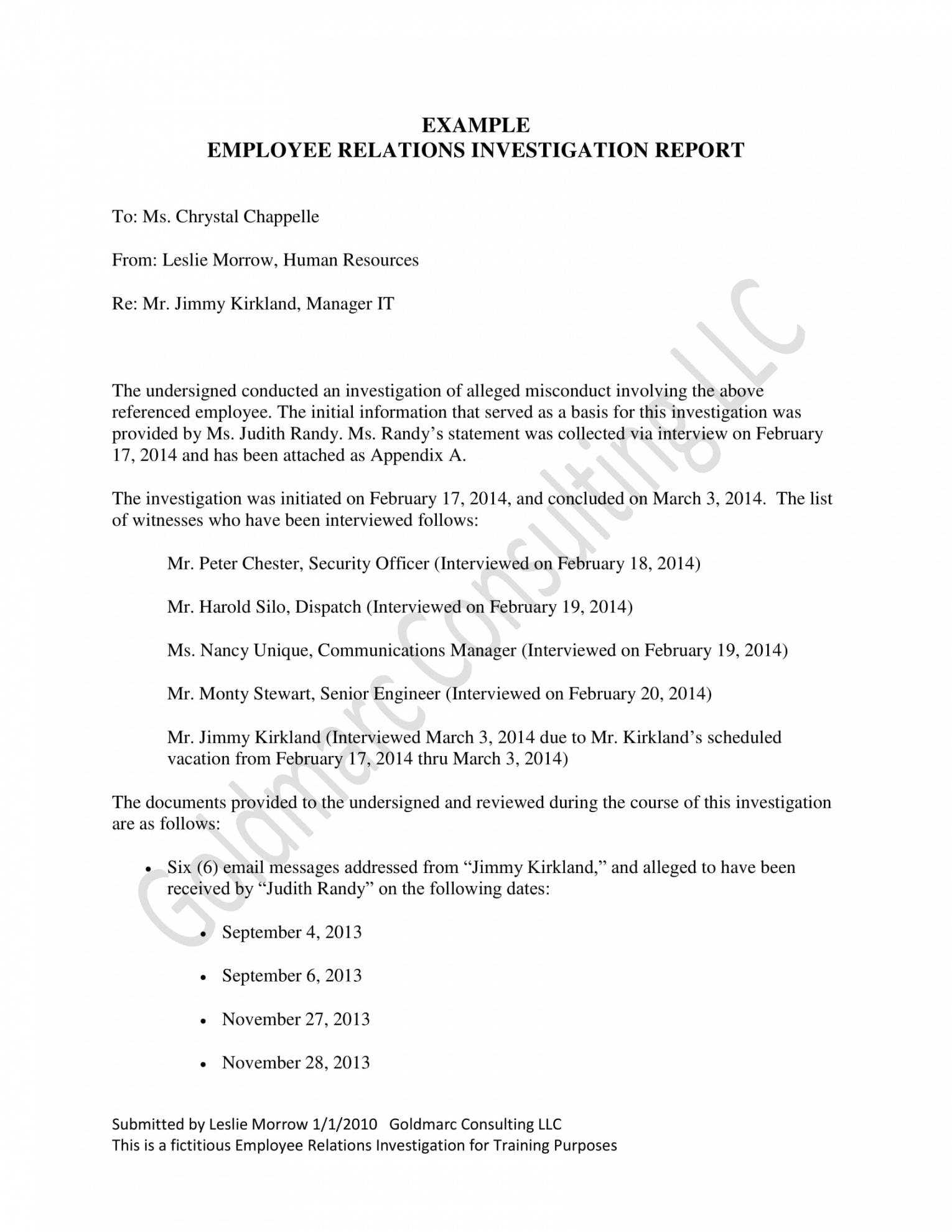 Free 10 Workplace Investigation Report Examples Pdf Examples Regarding Hr Investigation Report Template
