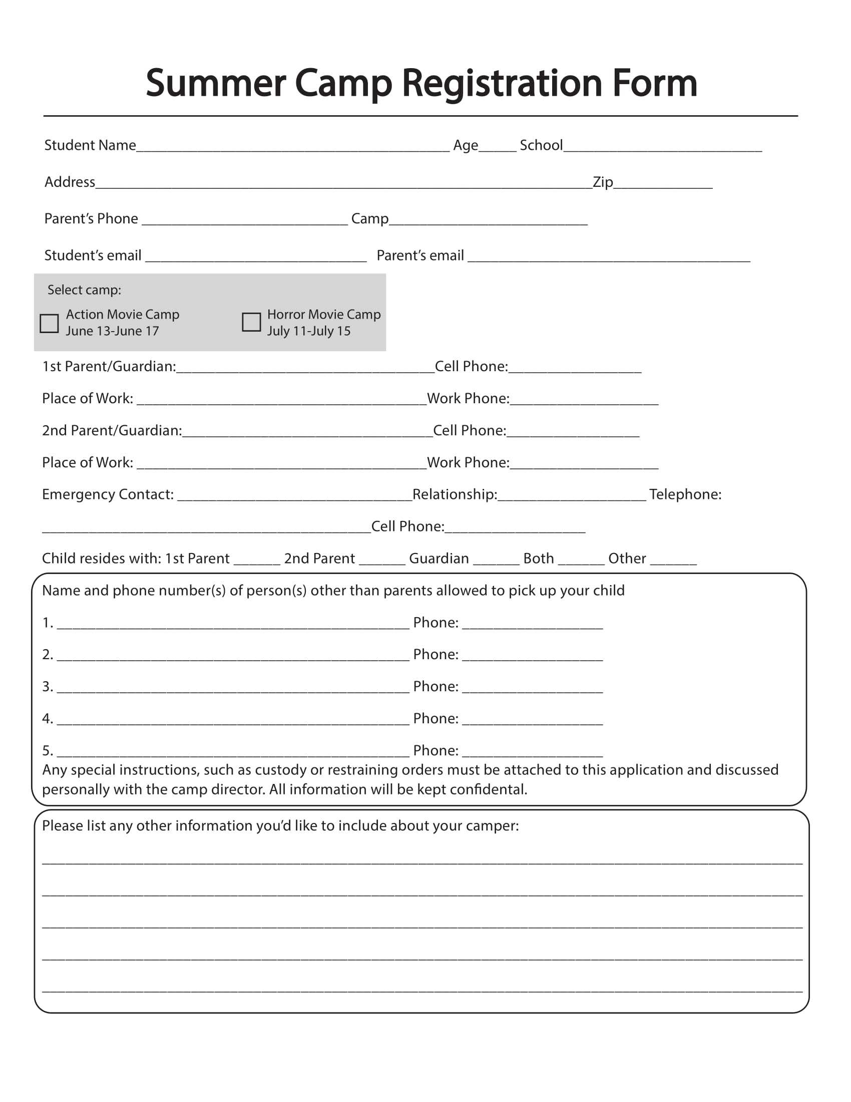 Free 11+ Printable Summer Camp Registration Forms In Pdf Within School Registration Form Template Word