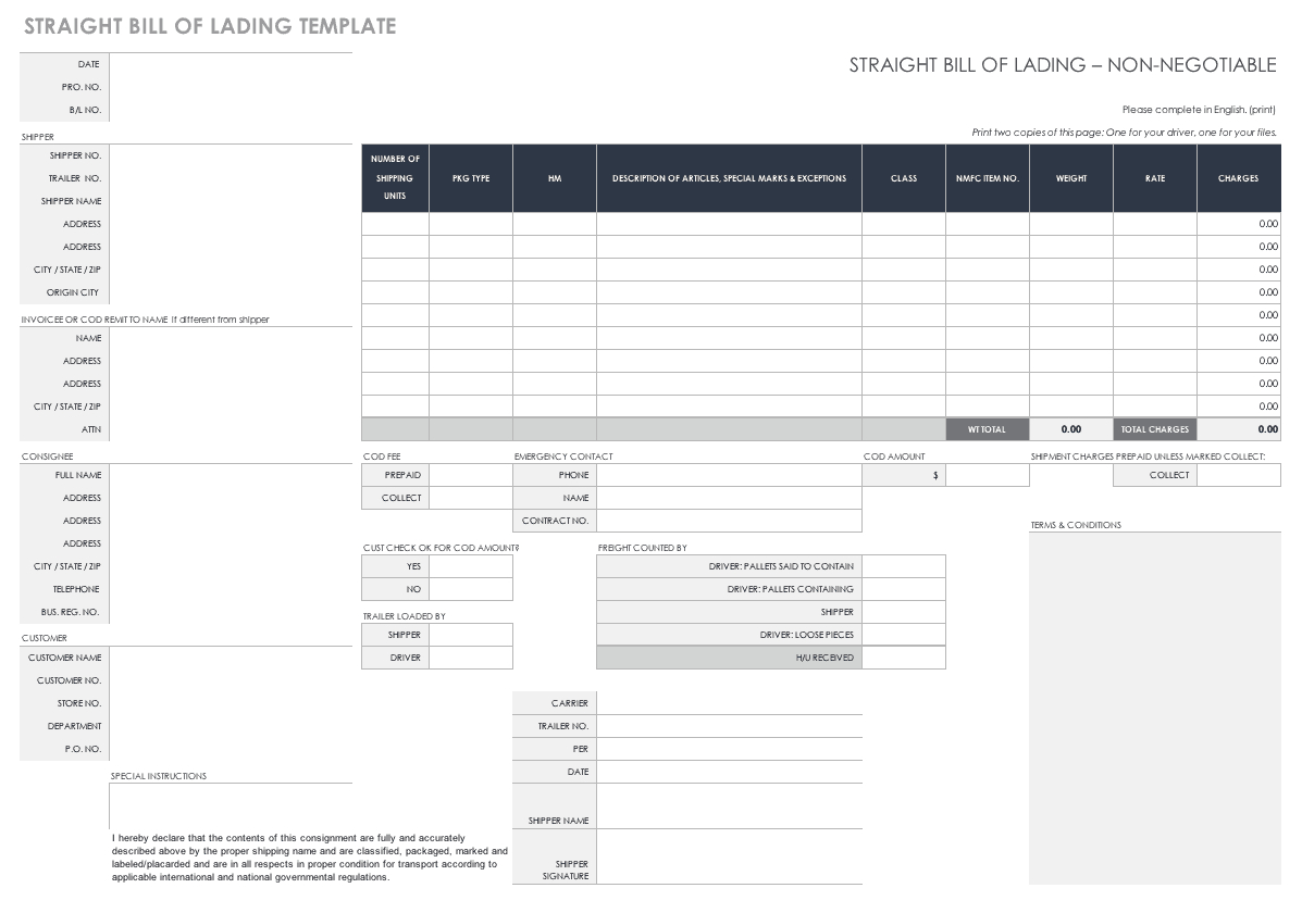 Free Bill Of Lading Templates | Smartsheet Throughout Blank Bol Template