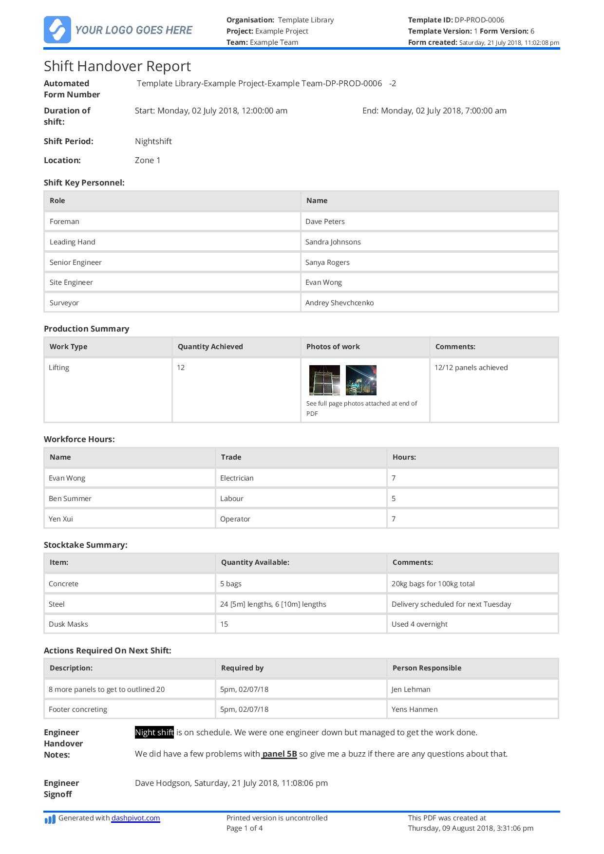 Free Construction Shift Handover Template – Download, Print Within Shift Report Template