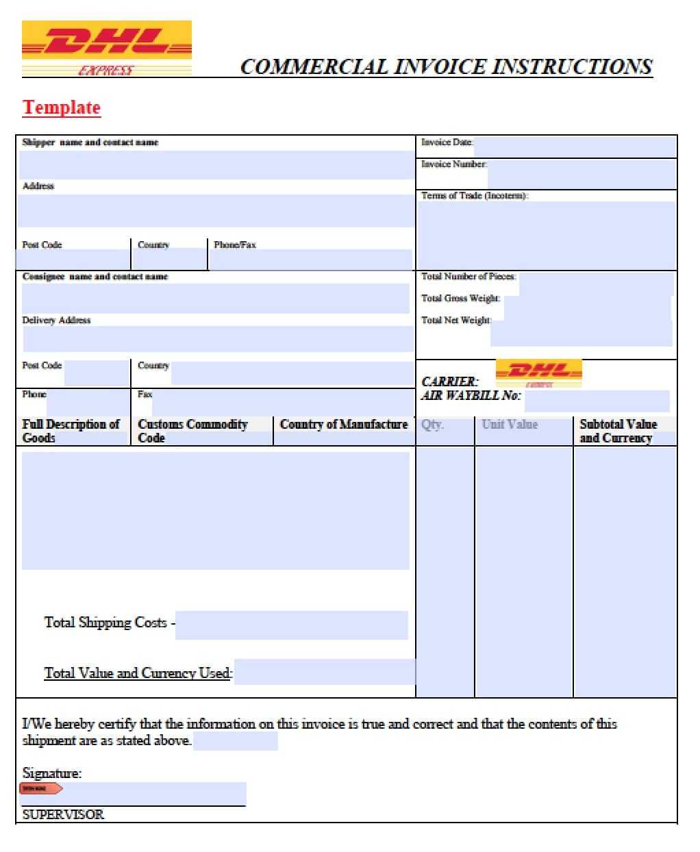 Free Dhl Commercial Invoice Template | Pdf | Word | Excel Pertaining To Commercial Invoice Template Word Doc