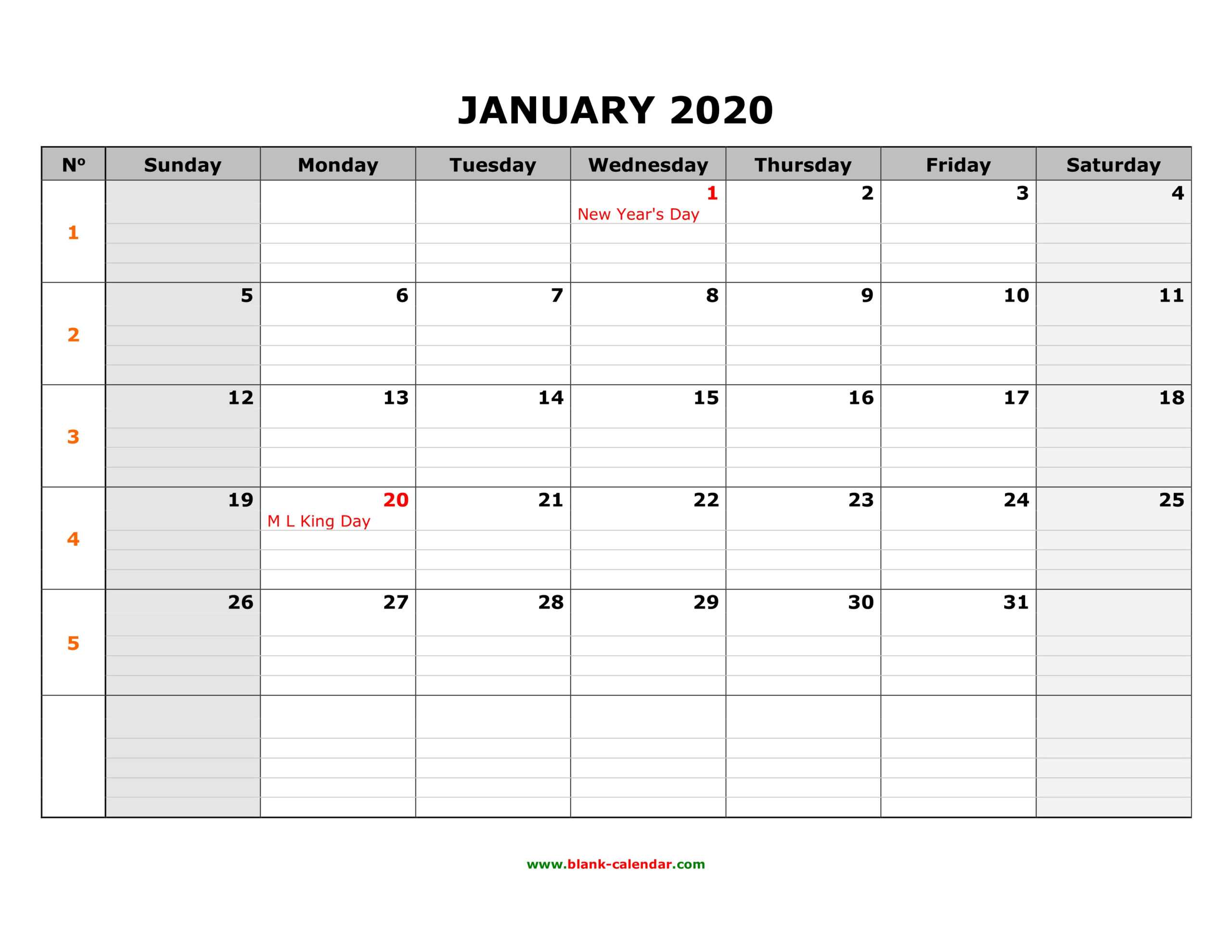 Free Download Printable Calendar 2020, Large Box Grid, Space For Blank One Month Calendar Template