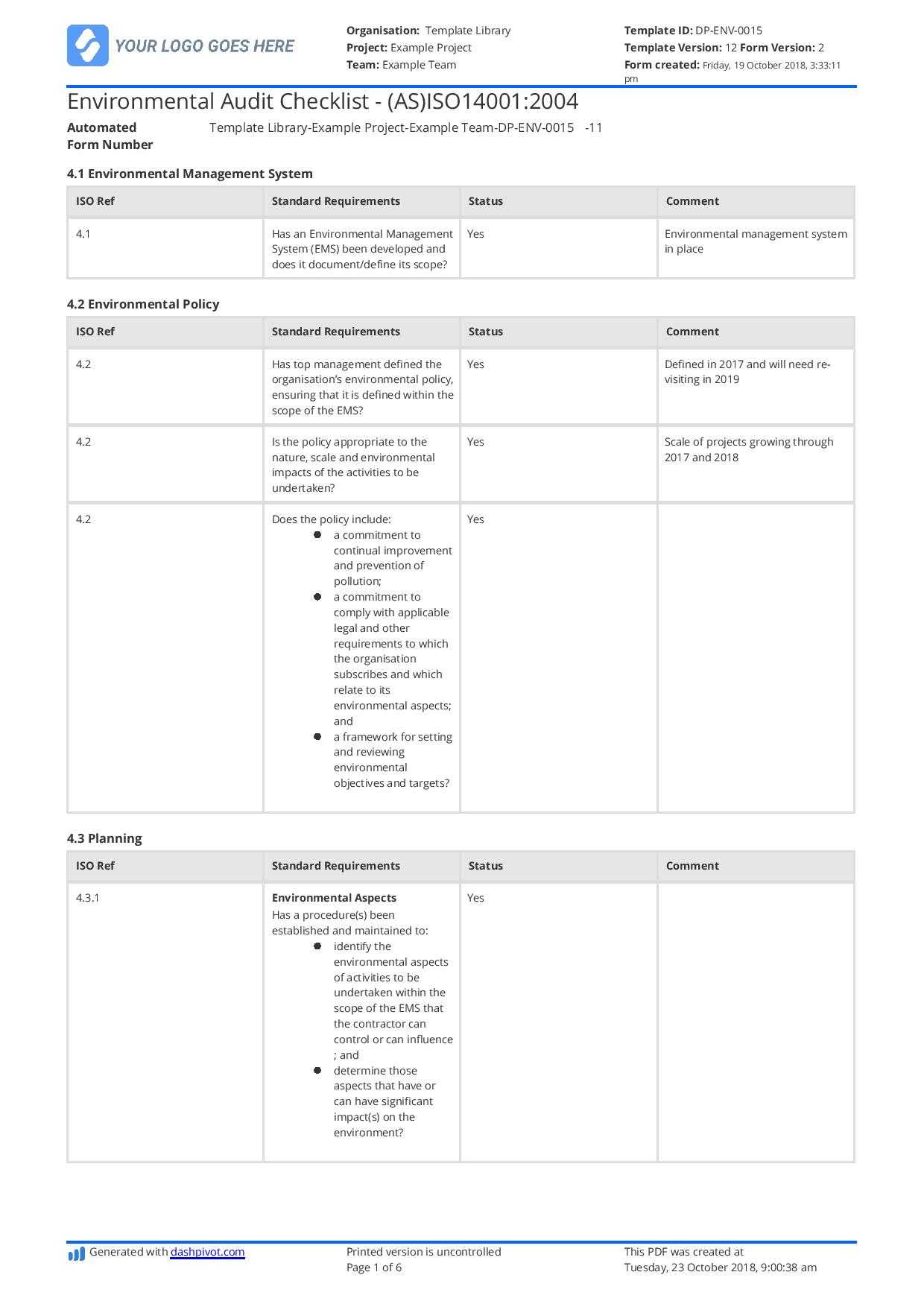 Free Environmental Audit Checklist (Better Than Xls, Excel With Regard To Environmental Impact Report Template