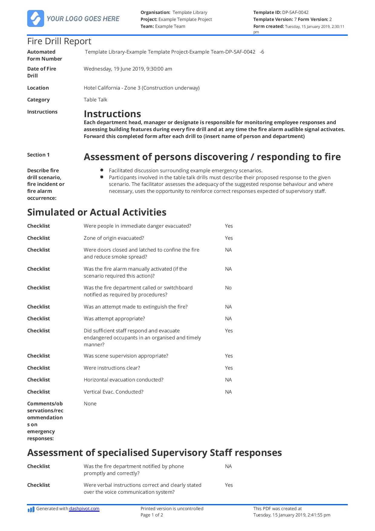 Free Fire Drill Report Template – Use, Customise, Download Throughout Fire Evacuation Drill Report Template