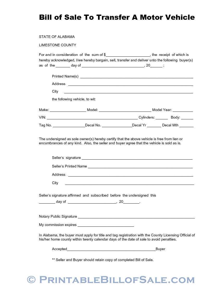 Free Limestone County Alabama Vehicle Bill Of Sale Form Pertaining To Vehicle Bill Of Sale Template Word