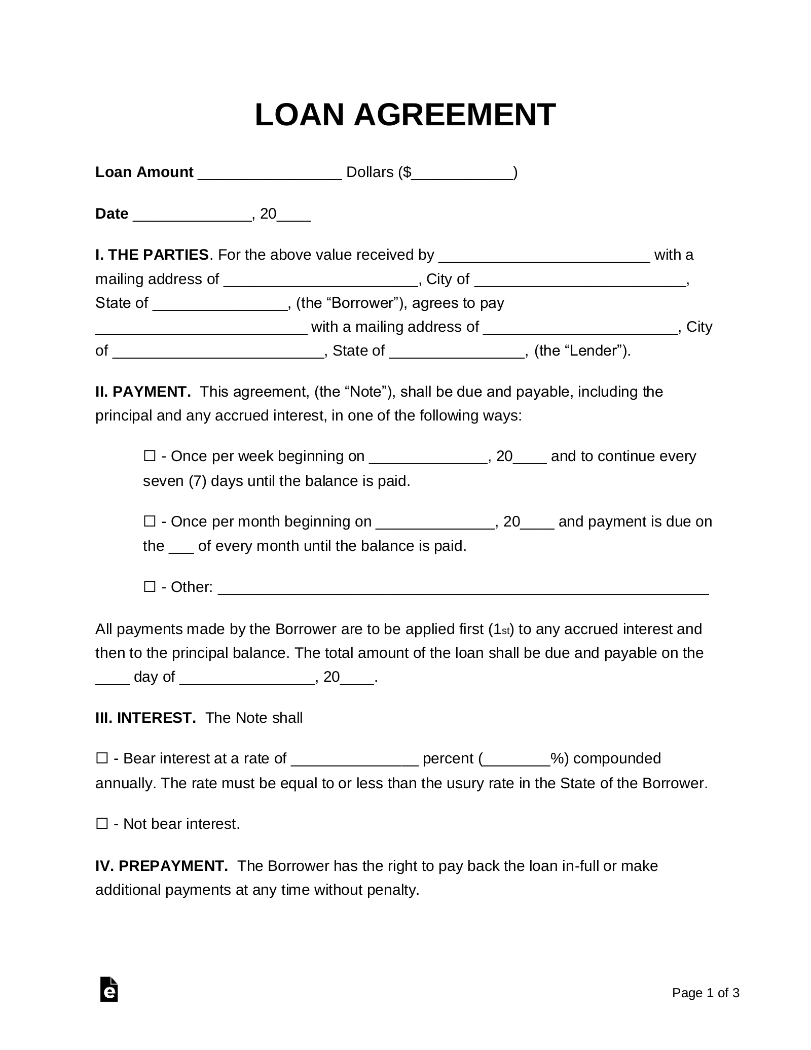 Free Loan Agreement Templates – Pdf | Word | Eforms – Free Within Blank Loan Agreement Template