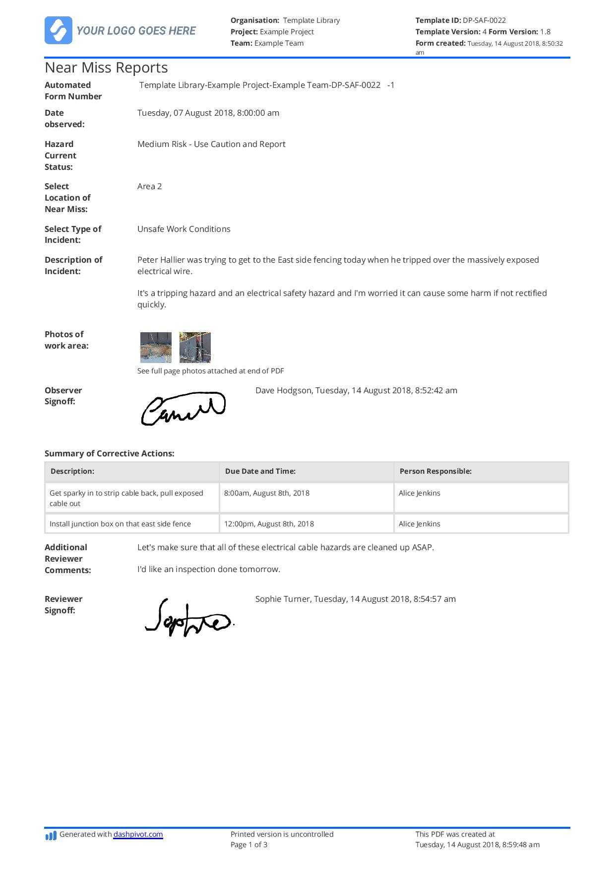 Free Near Miss Reporting Template (Easily Customisable) With Hazard Incident Report Form Template