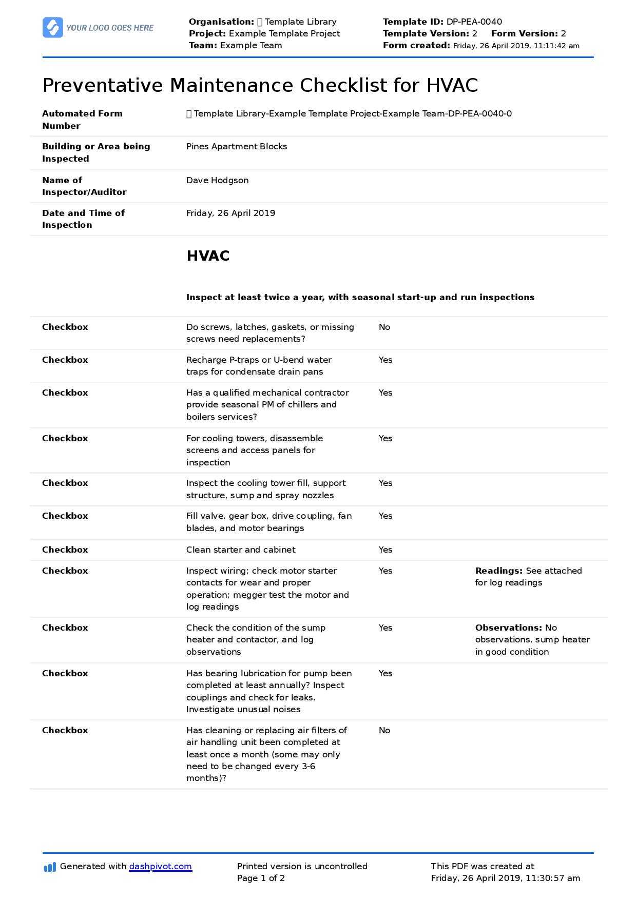 Free Preventative Maintenance Checklist For Hvac Inside Computer Maintenance Report Template