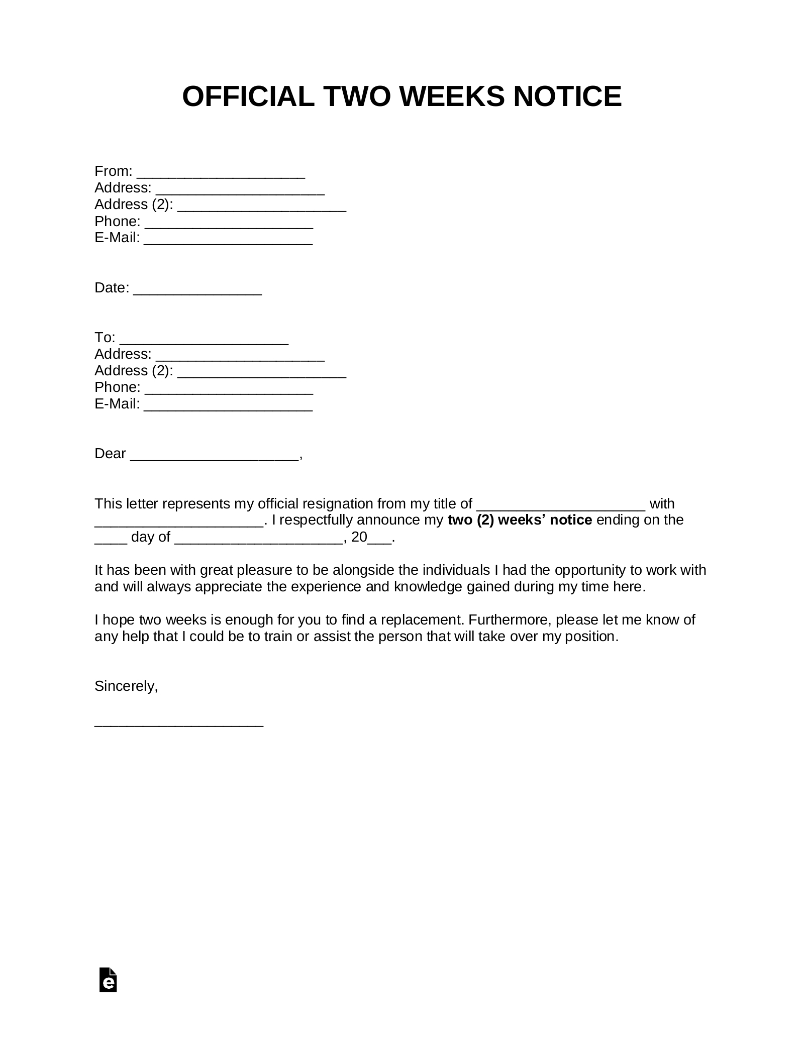 Free Two Weeks Notice Letter | Templates & Samples – Pdf Intended For 2 Weeks Notice Template Word