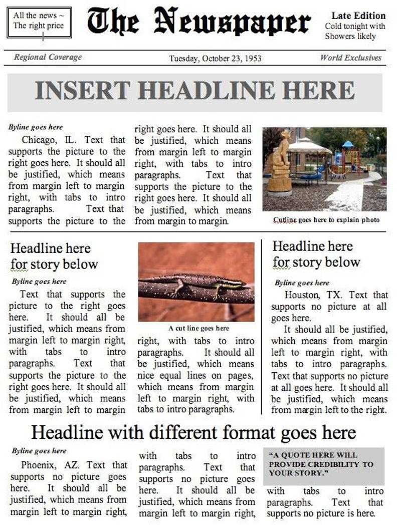 Front Page Newspaper Template, Layout 1 – Instant Download To Use In Word Within Blank Newspaper Template For Word