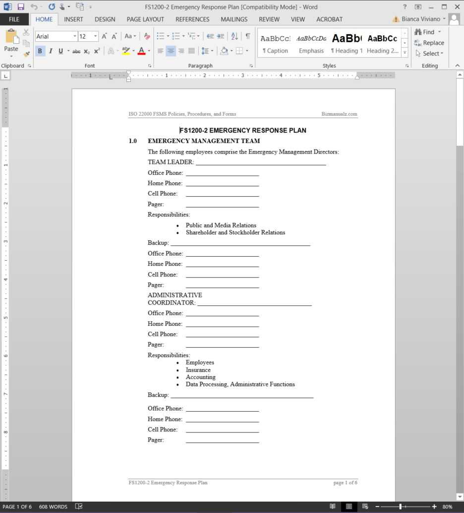 Fsms Emergency Response Plan Template | Fds1200 2 With Emergency Drill Report Template