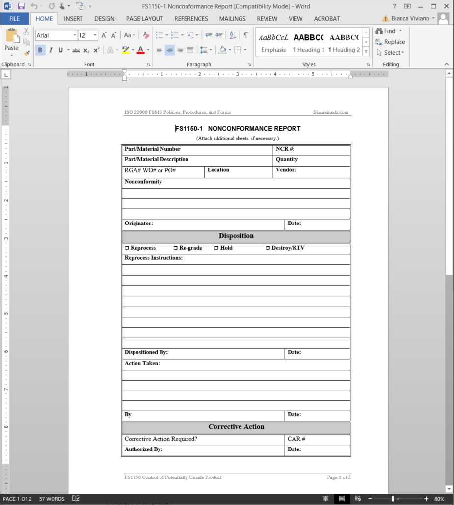 Fsms Nonconformance Report Template | Fds1150 1 In Non Conformance Report Form Template