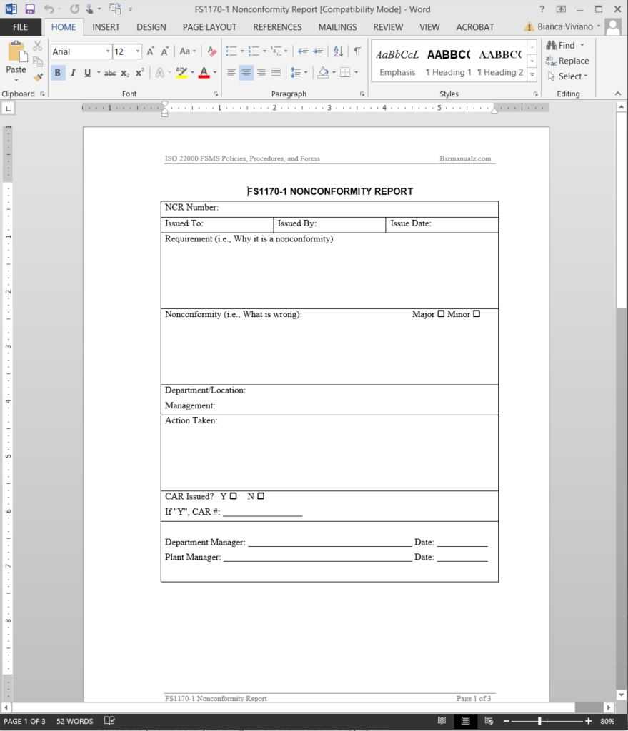 Fsms Nonconformity Report Template | Fds1170 1 Within Ncr Report Template