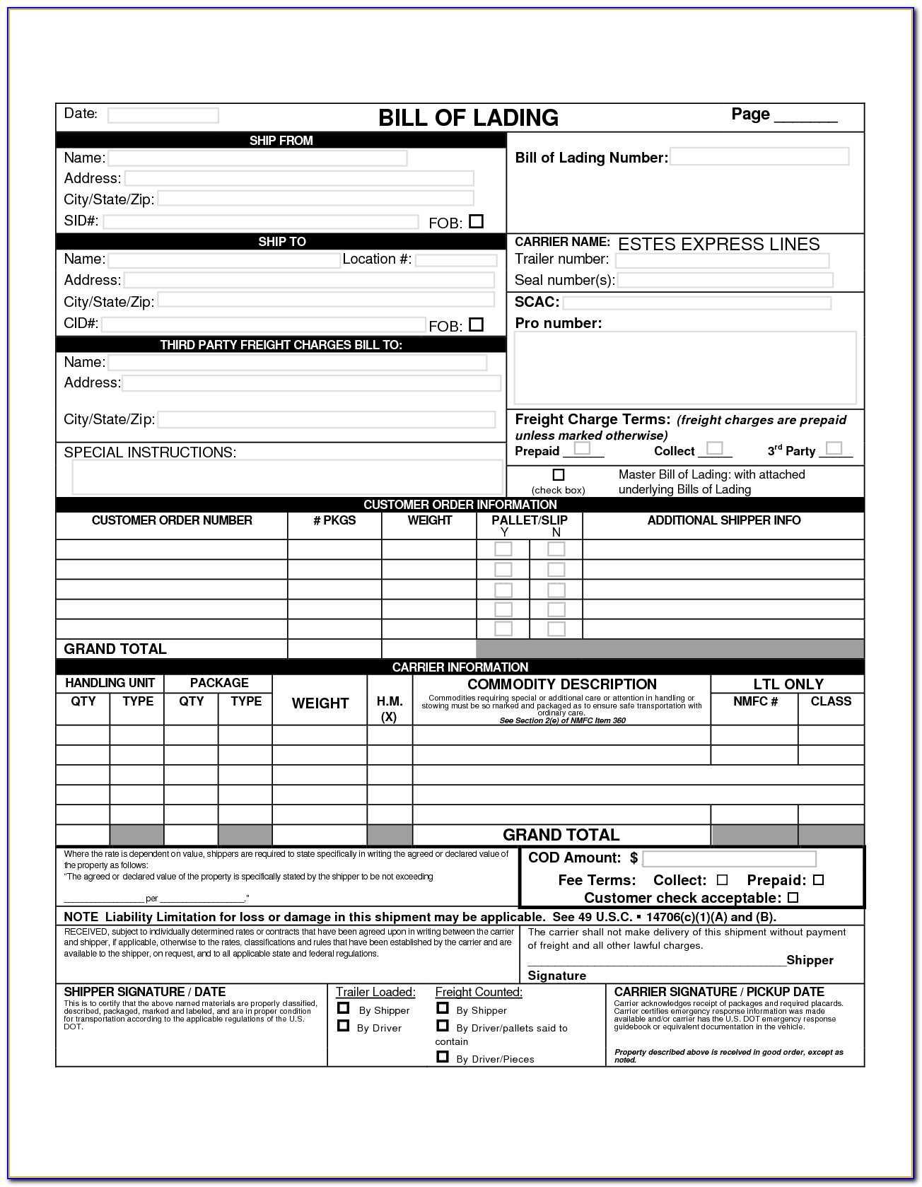 Generic Bill Of Lading Template | Marseillevitrollesrugby In Blank Bol Template