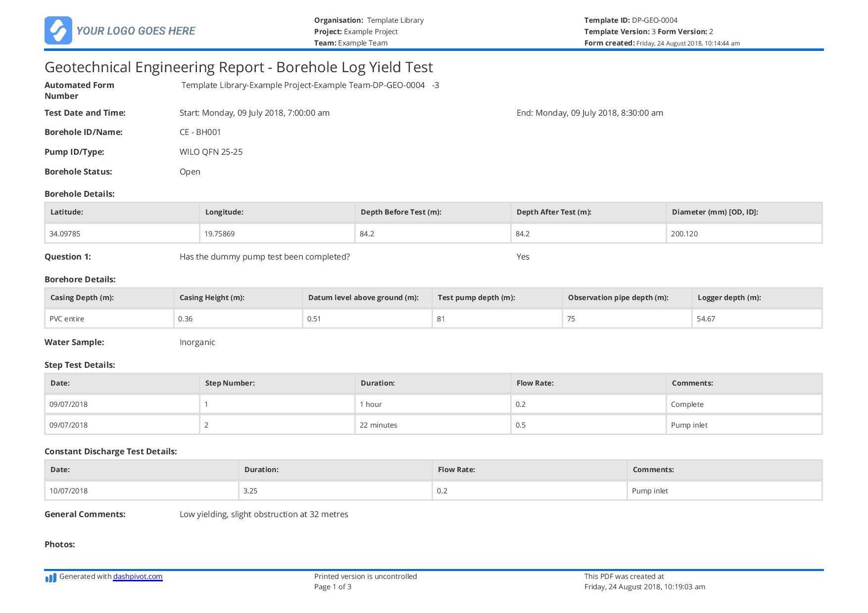 Geotechnical Engineering Report Template - Borehole Yield Test Throughout Test Result Report Template