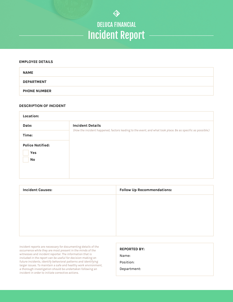 Green Incident Report Template Intended For Employee Incident Report Templates