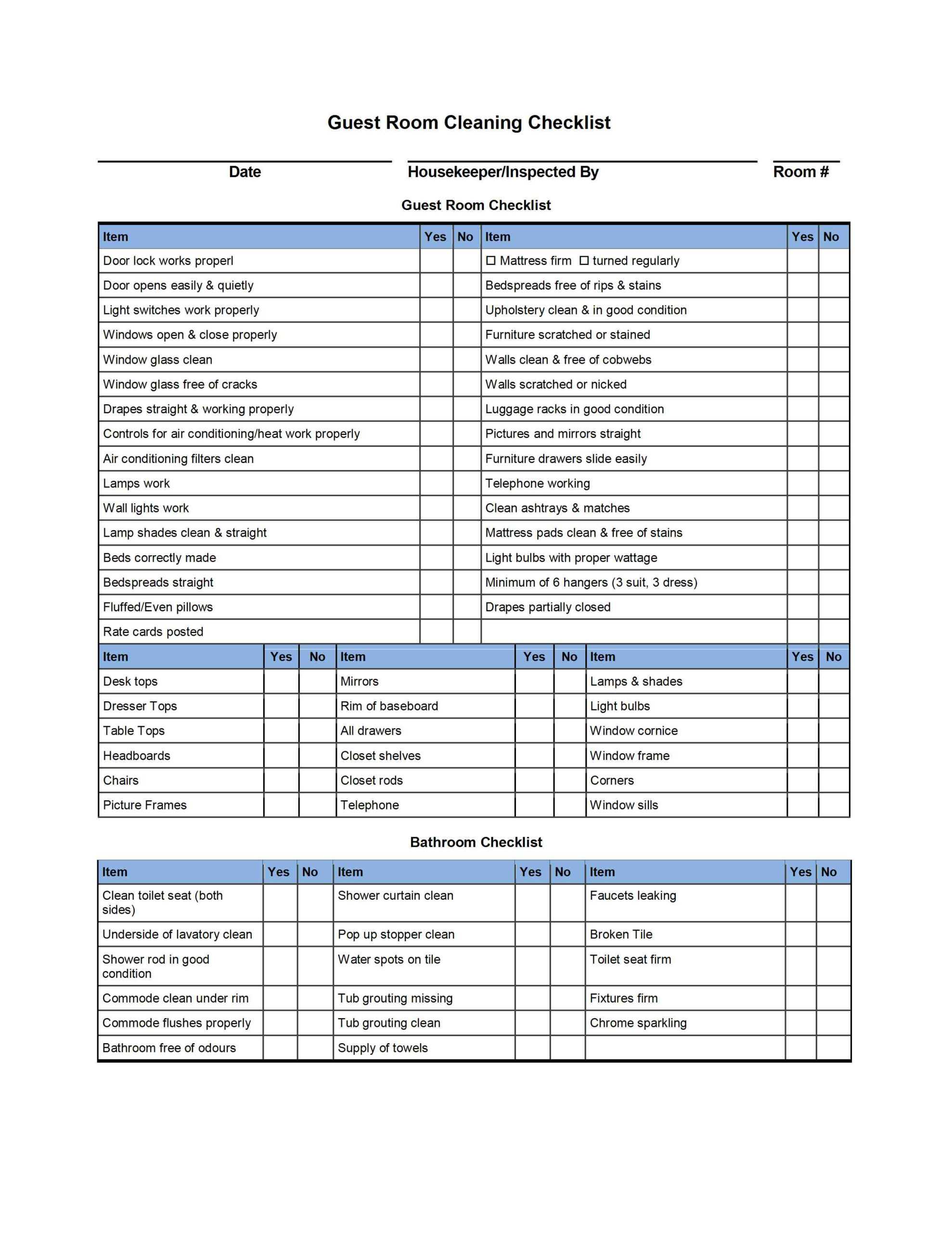 Guest Room Cleaning Checklist Template With Table Checklist With Cleaning Report Template