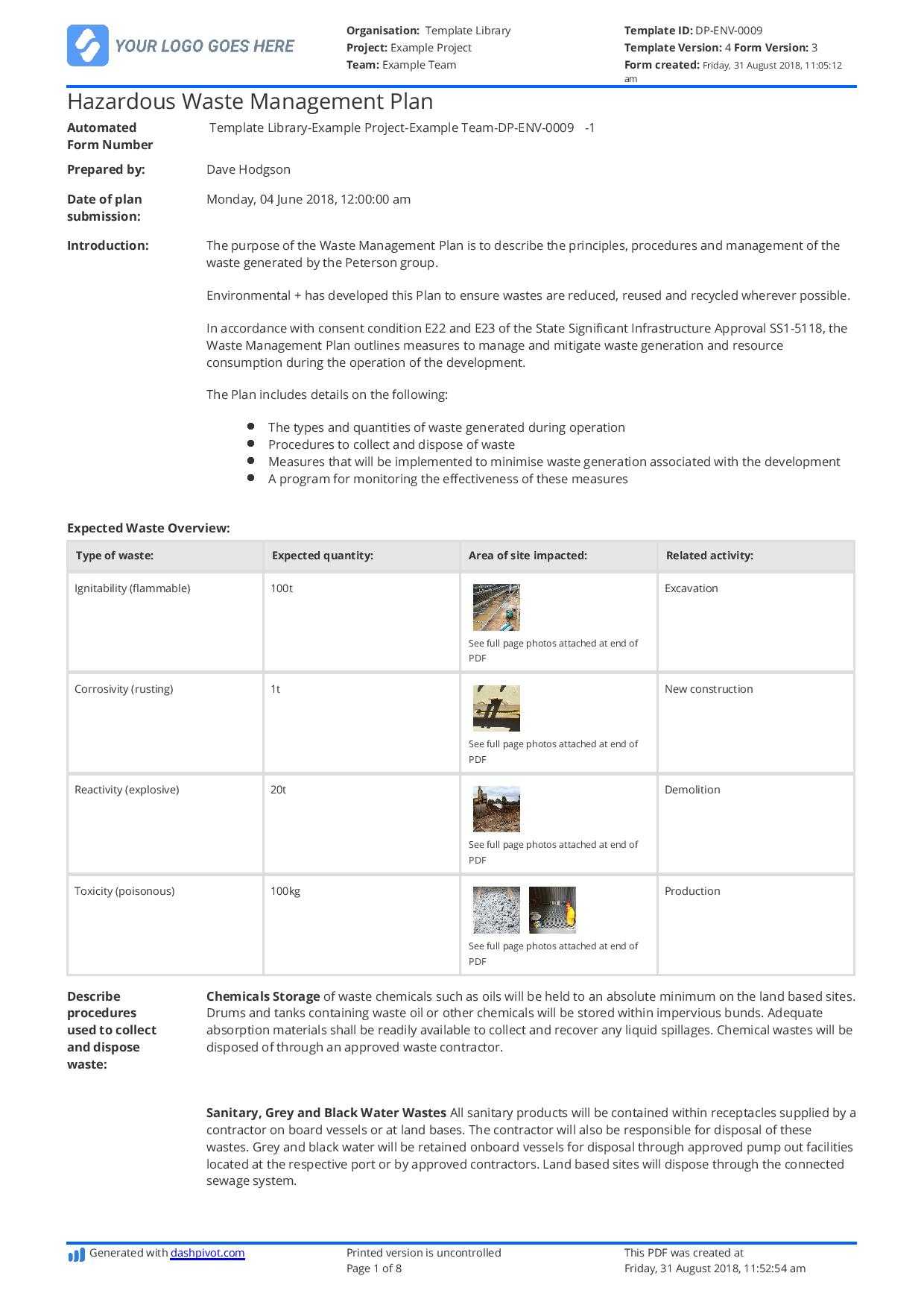 Hazardous Waste Management Plan Template - Free And Editable Intended For Waste Management Report Template