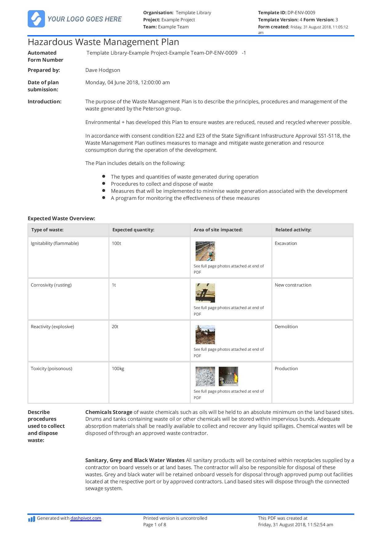 Hazardous Waste Management Plan Template – Free And Editable Intended For Waste Management Report Template