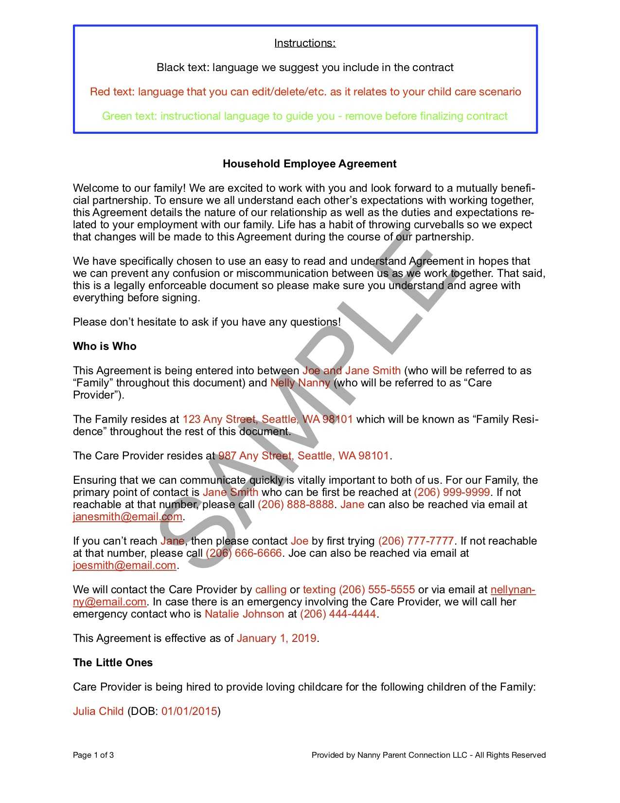 Household Employee Agreement | Nanny Parent Connection Regarding Nanny Contract Template Word
