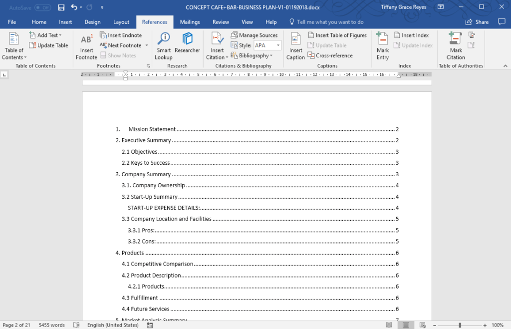 table of contents title word