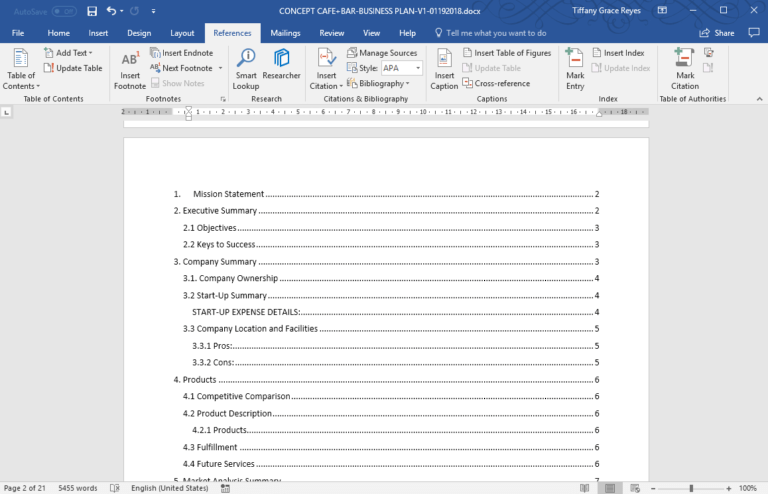 format manual table of contents word