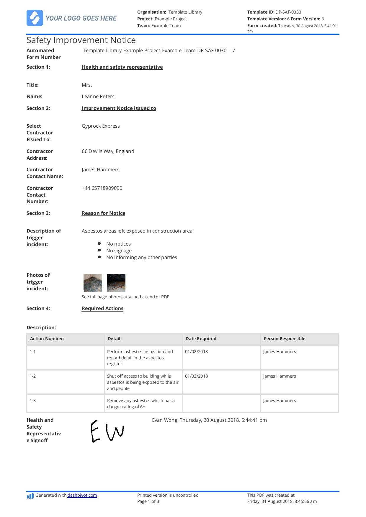 Hse Improvement Notice Example: Free To Use And Editable Within Hse Report Template