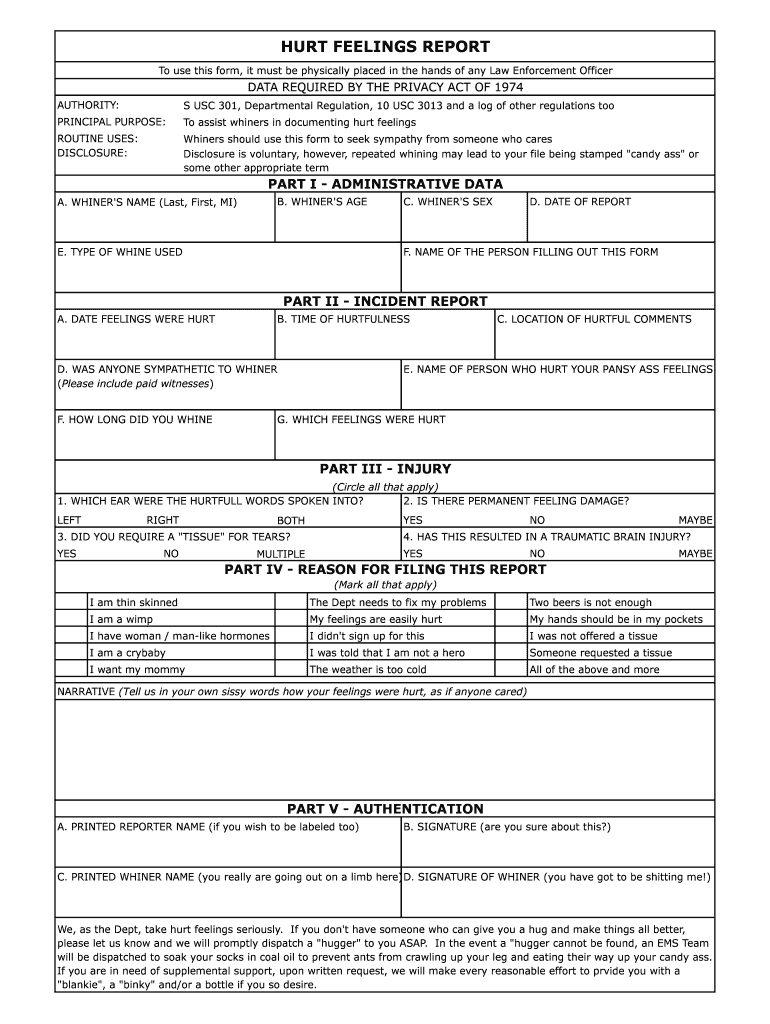 Hurt Feelings Report - Fill Online, Printable, Fillable Throughout Hurt Feelings Report Template