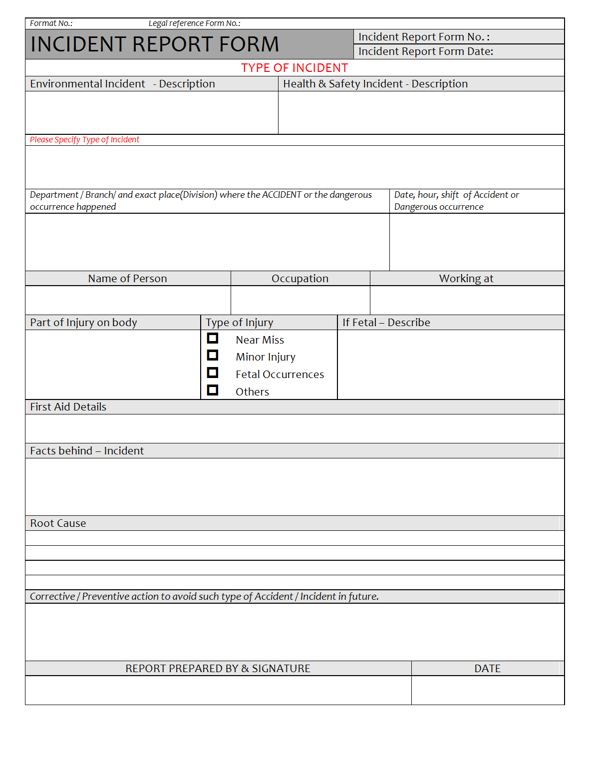 Incident Report Form – Regarding Employee Incident Report Templates