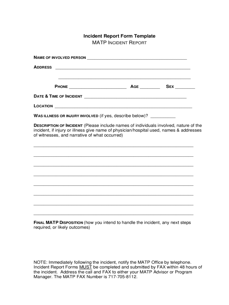 Incident Report Form Template Free Download In Injury Report Form Template