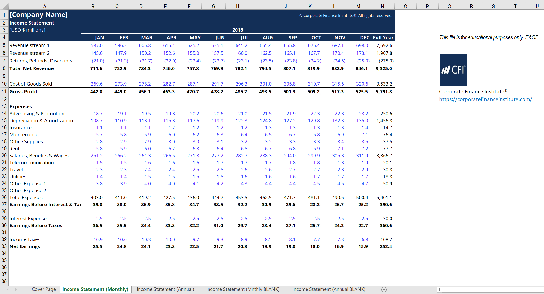 Income Statement Excel Model Template – Cfi Marketplace With Regard To Excel Financial Report Templates