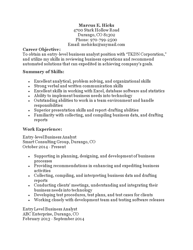 Kostenloses Entry Level Business Analyst Resume For Business Analyst Report Template