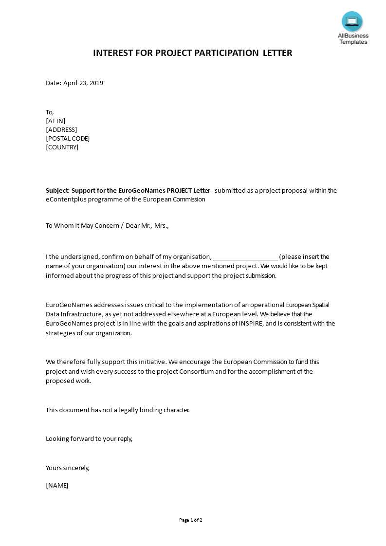 Letter Of Interest For Project Participation Sample | Templates Within Letter Of Interest Template Microsoft Word