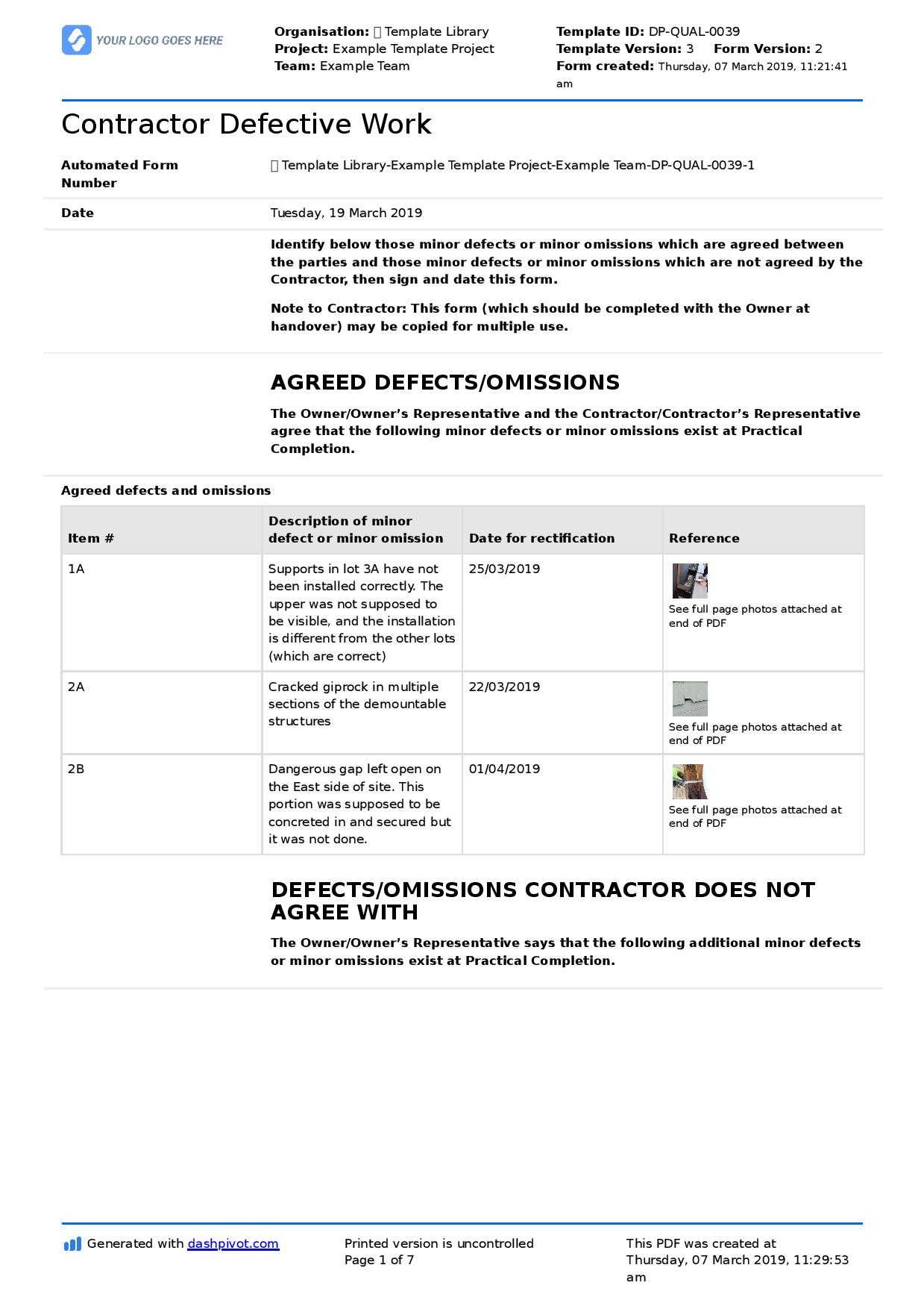 Letter To Contractor For Defective Work: Sample Letter And For Construction Deficiency Report Template