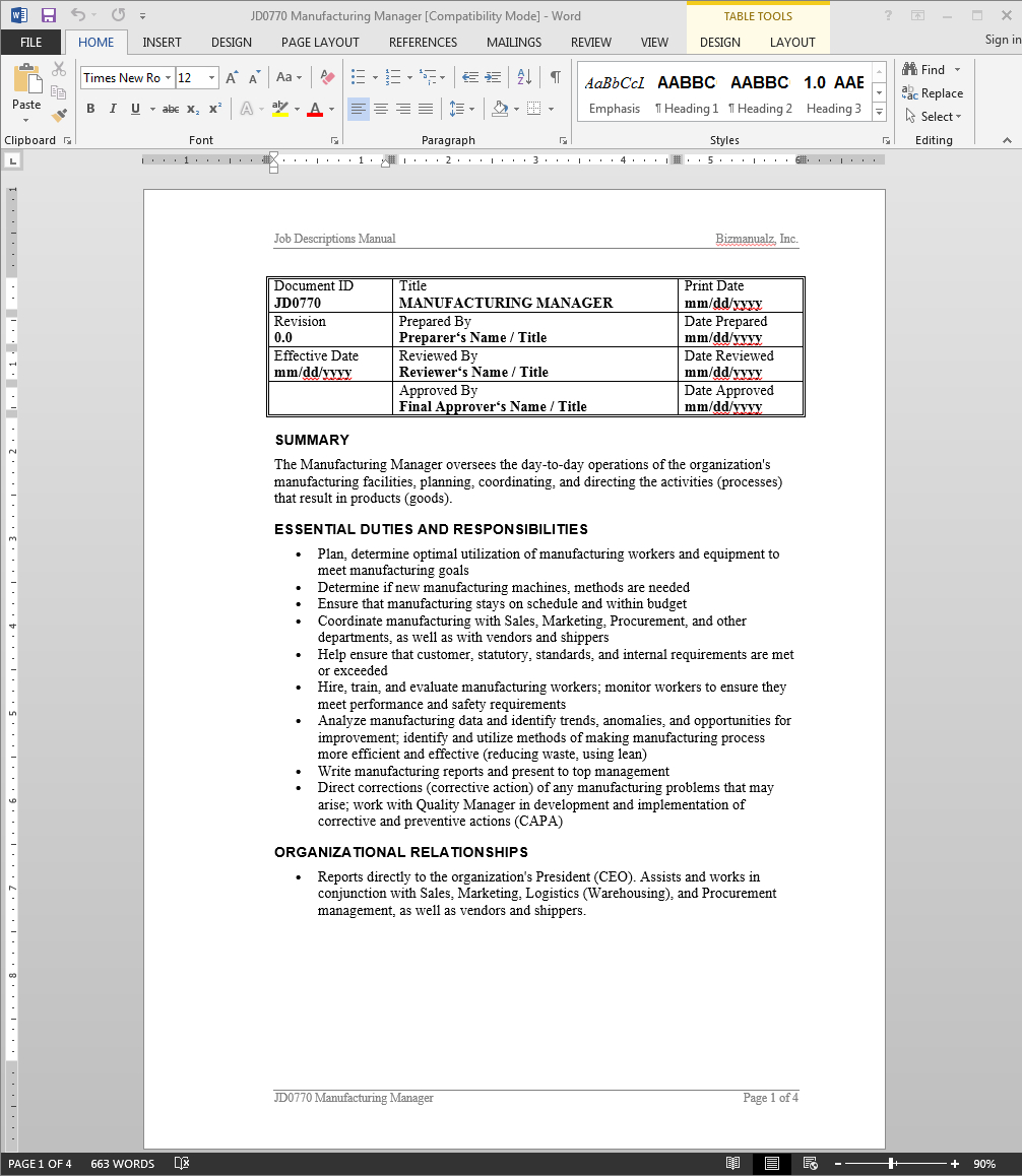 Manufacturing Manager Job Description Within Job Descriptions Template Word