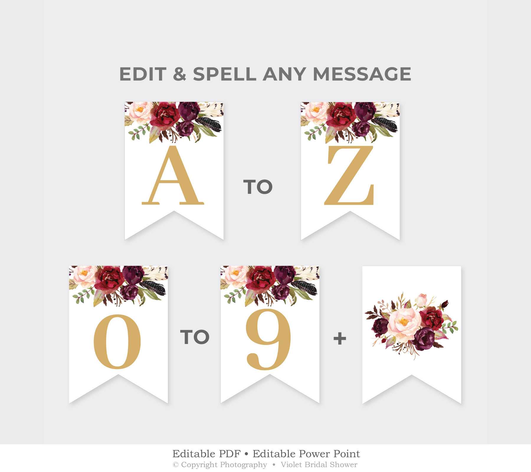 Marsala Party Banner Printable, Burgundy Floral Party Pennant, Bridal  Shower Banner Template, Red And Gold Banner Instant Download Mar1 Regarding Bridal Shower Banner Template
