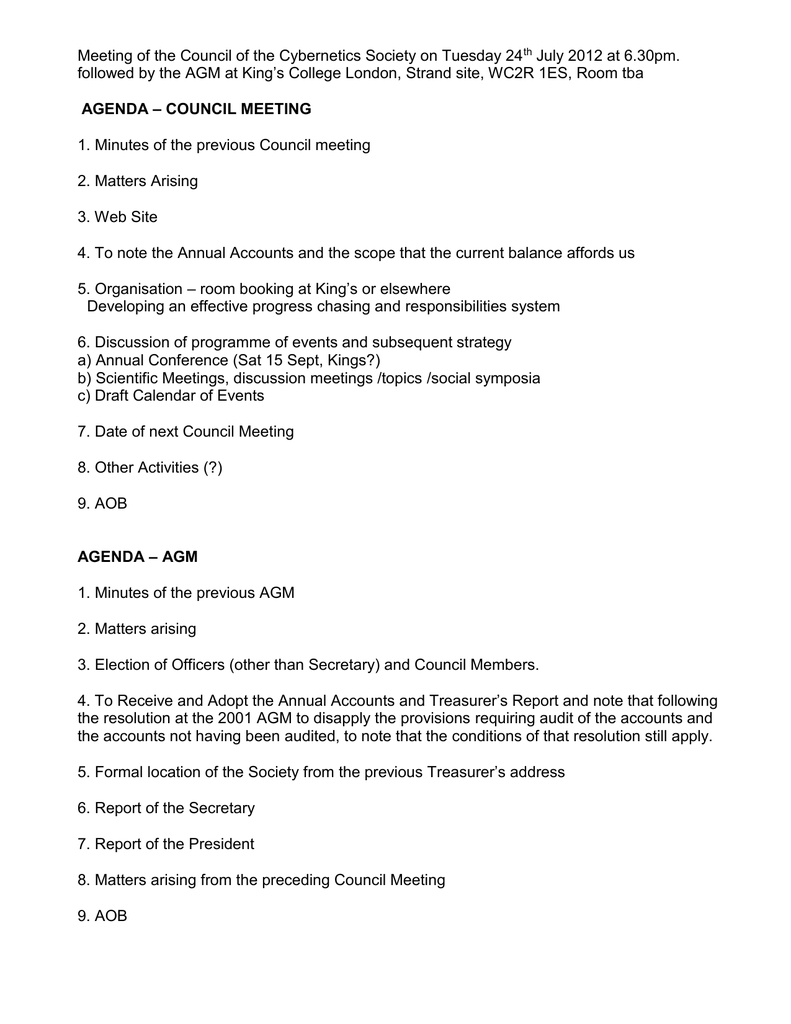 Meeting Of The Council Of The Cybernetics Society On Tuesday In Treasurer's Report Agm Template