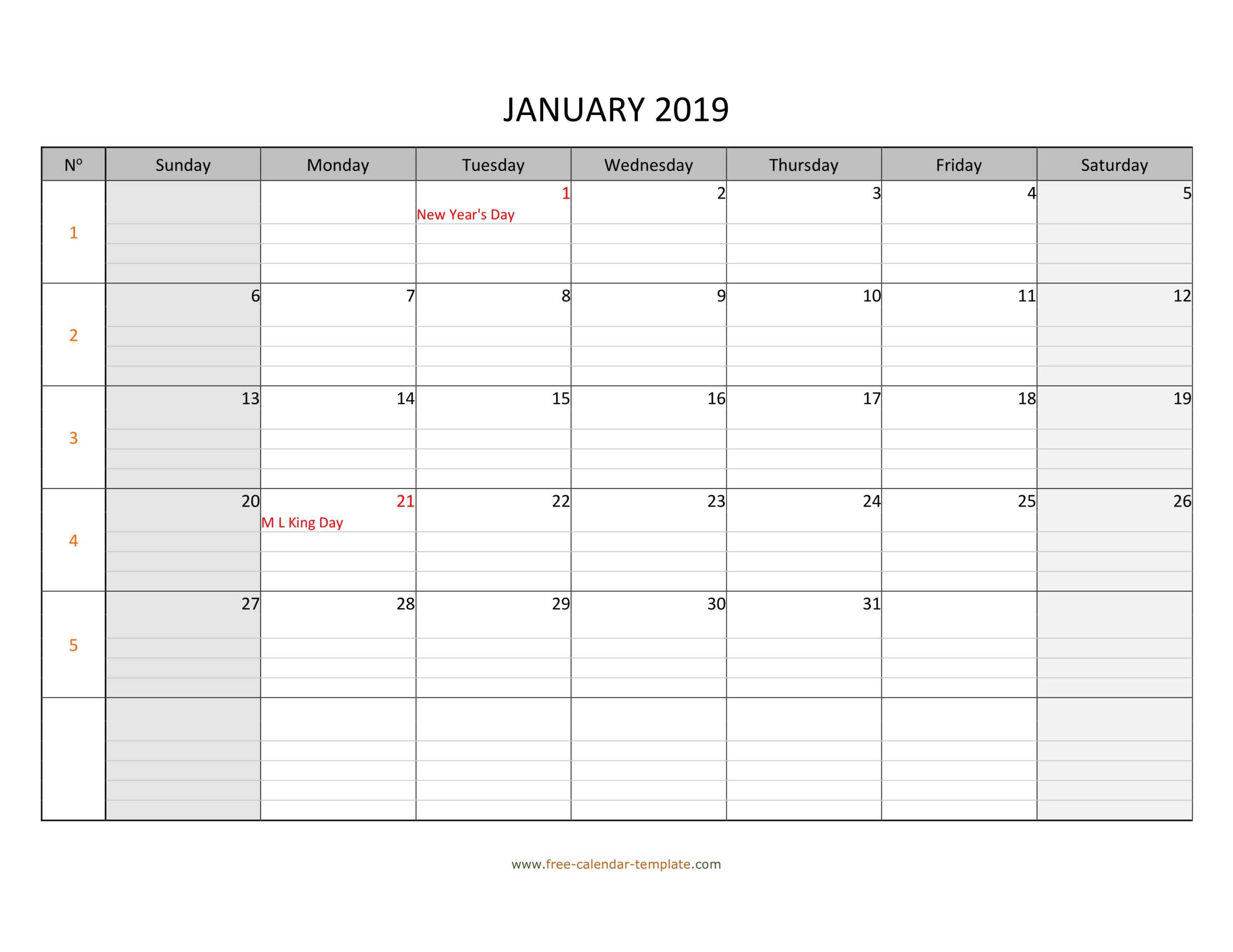 Monthly 2019 Calendar Free Printable With Grid Lines In Blank Calander Template