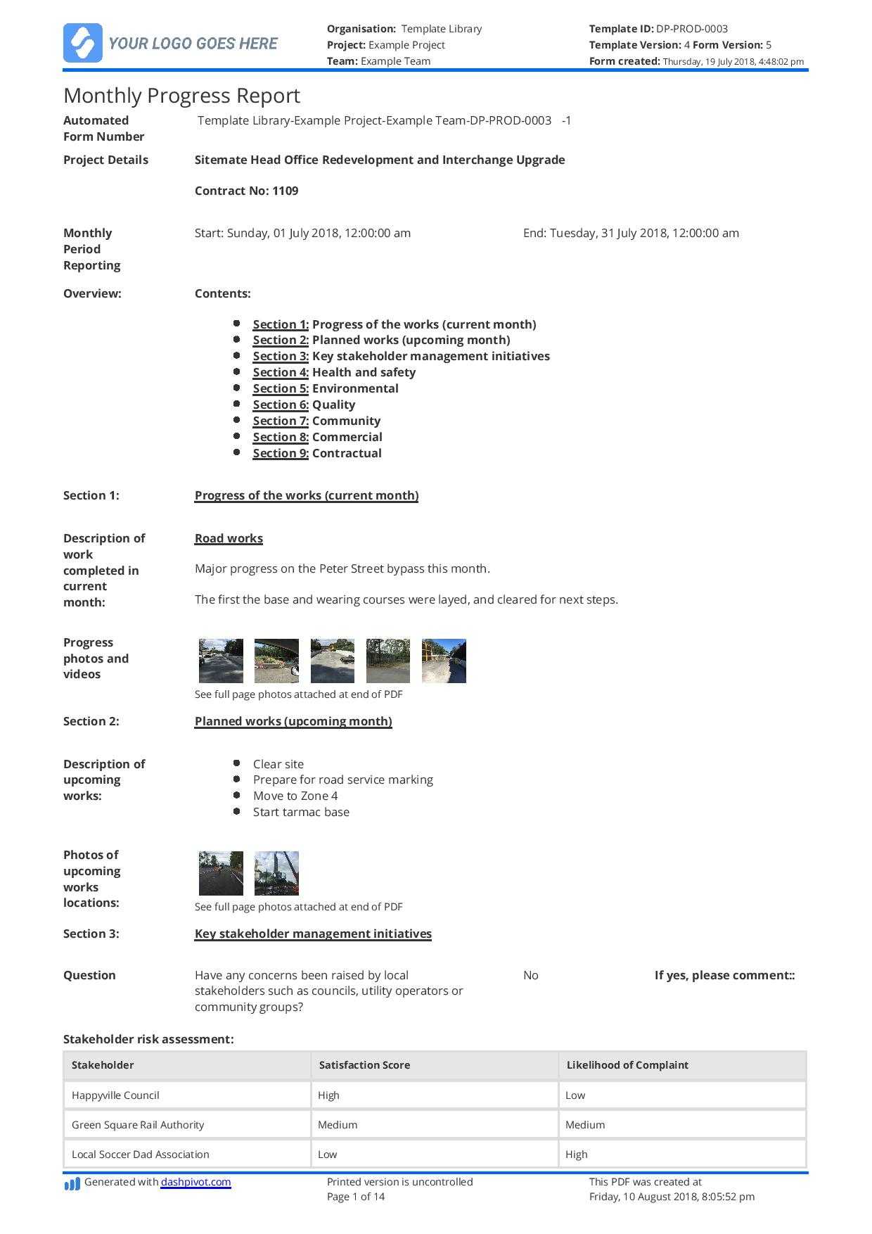 Monthly Construction Progress Report Template: Use This Regarding Site Progress Report Template