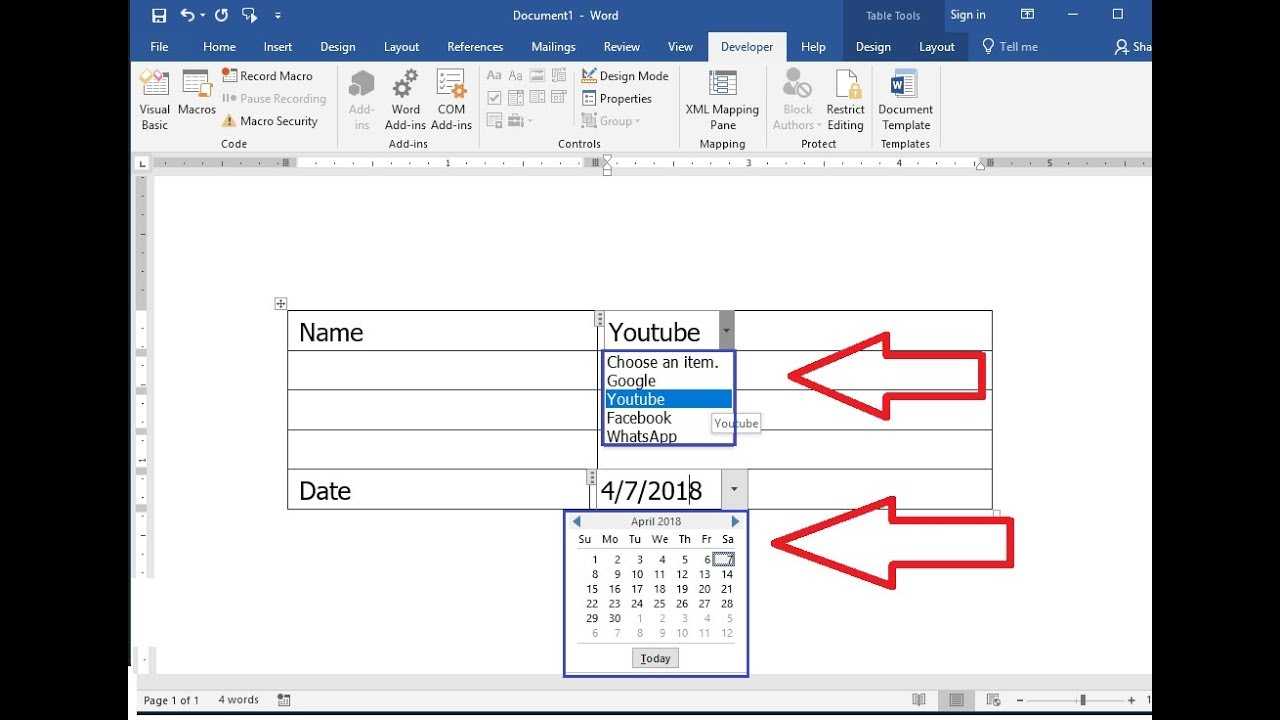 Ms Word: How To Create Drop Down List Of Date Calendar & Name Within Word 2010 Templates And Add Ins