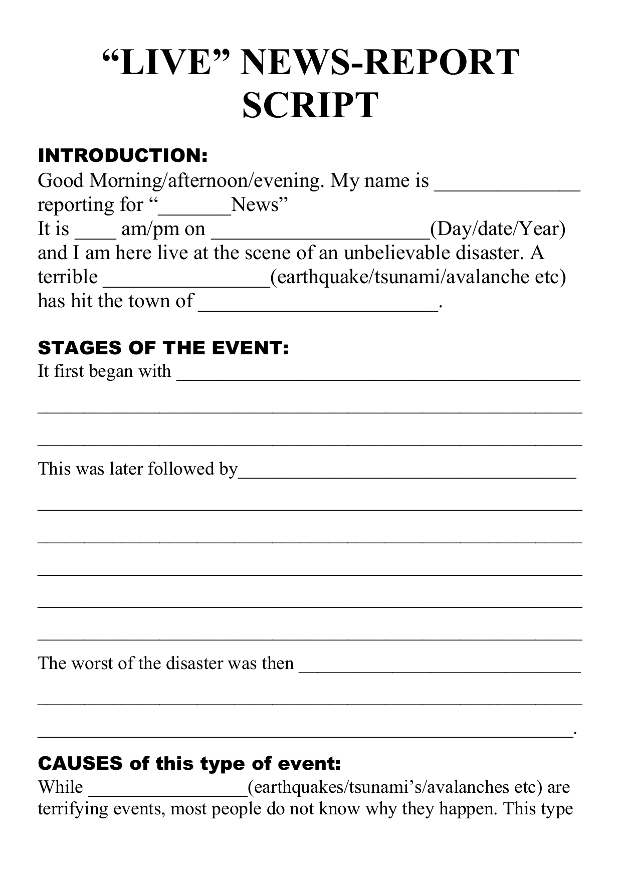 Natural Disaster - Live Newsreport Script Template For News Report Template
