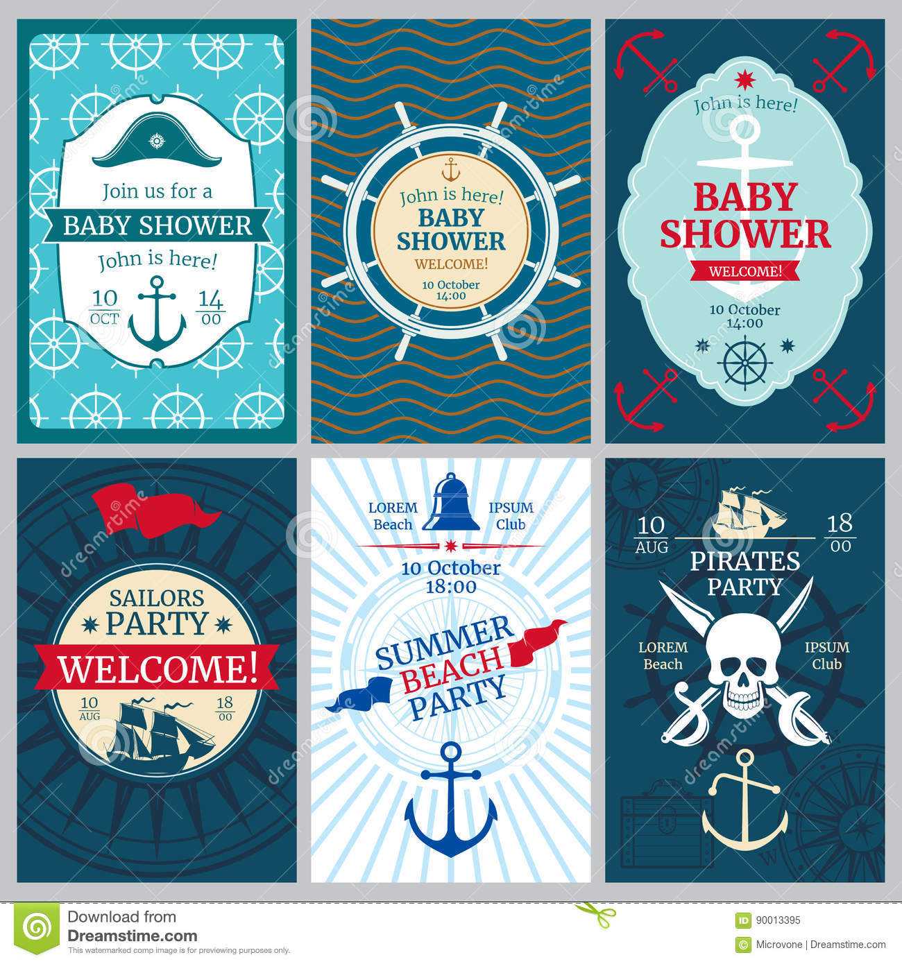 Nautical Baby Shower, Birthday, Beach Party Vector With Nautical Banner Template