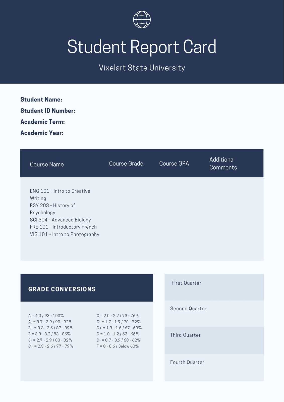 Navy Blue College Report Card – Templatescanva In College Report Card Template