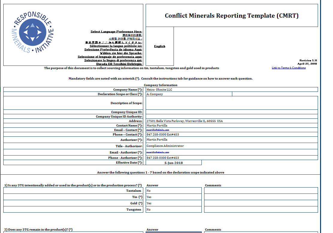 Ohmite - Conflict Minerals Reporting Template (Cmrt) - Rell For Conflict Minerals Reporting Template