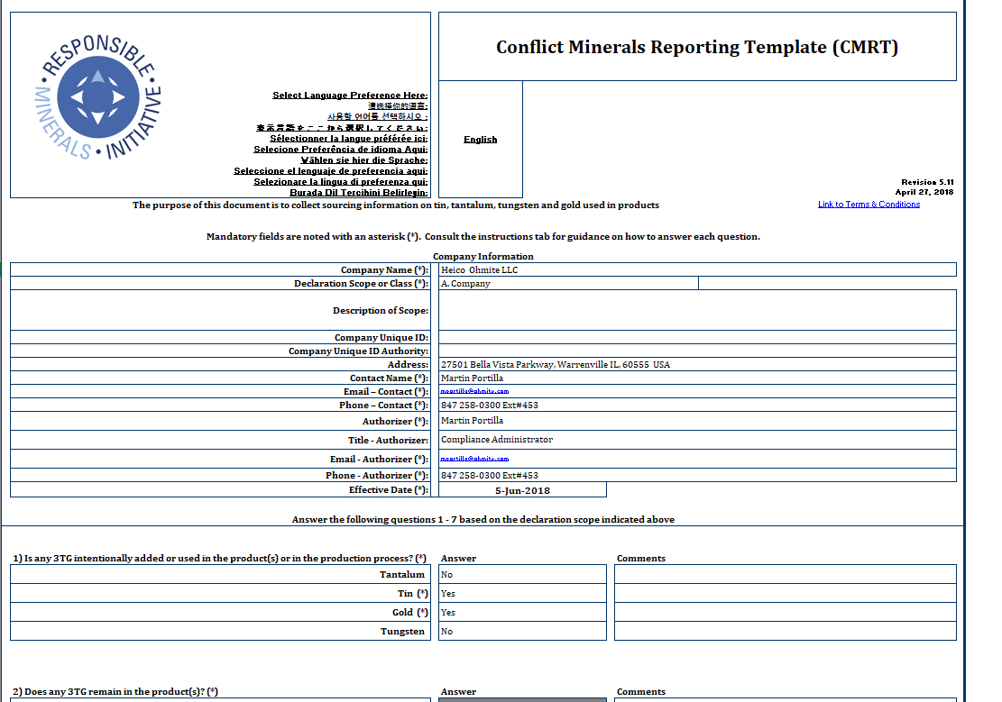 Ohmite – Conflict Minerals Reporting Template (Cmrt) – Rell For Conflict Minerals Reporting Template