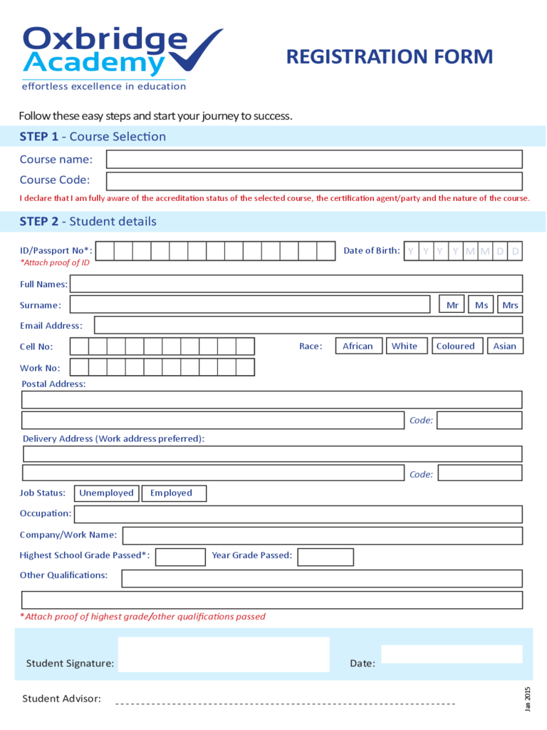 Oxbridge Academy Registration Form – 1 Free Templates In Pdf Regarding Registration Form Template Word Free
